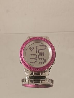 Betsey Johnson Silver Bracelet Watch with Pink Crystal Bezel